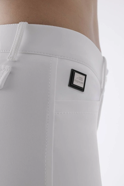 Damskie bryczesy Equiline Atirk z kolanowym lejem X-Grip - białe
