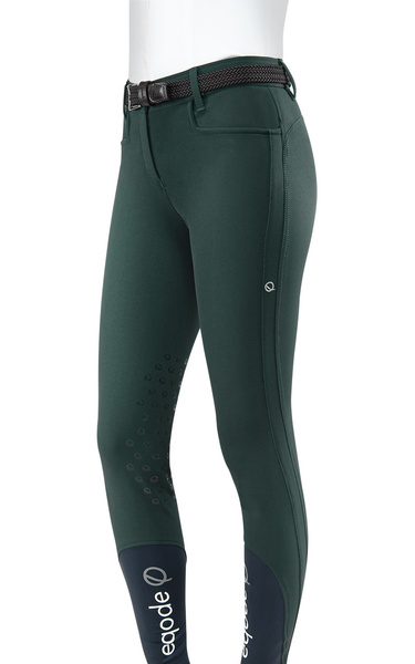Damskie bryczesy Eqode by Equiline Delma z lejem kolanowym Q-Grip - ciemna zieleń