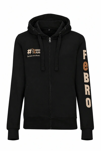 Bluza #FebroTeam z haftem na rękawie - czarna z beżowymi detalami