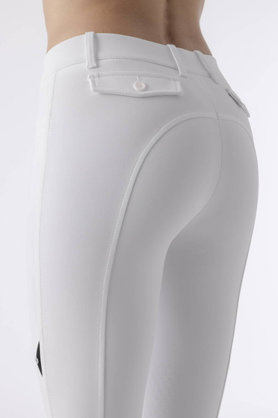 Damskie bryczesy Equiline Atirk z kolanowym lejem X-Grip - białe