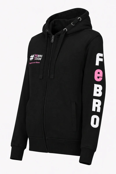 Bluza #FebroTeam z haftem na rękawie - czarna z różowymi detalami