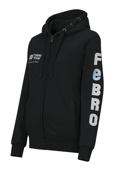 Bluza #FebroTeam z haftem na rękawie - czarna z błękitnymi detalami