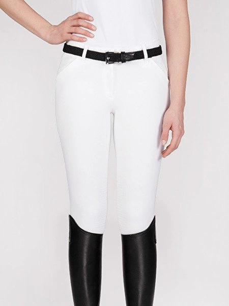Damskie bryczesy Equiline Bice z kolanowym lejem X-Grip - białe