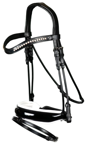 Ogłowie rurkowe Dy'on z szerokim lakierowanym nachrapnikiem szwedzkim z białym podszyciem