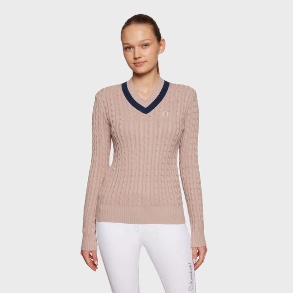 Sweter Samshield Lisa Collored - pudrowy róż z granatowym paskiem