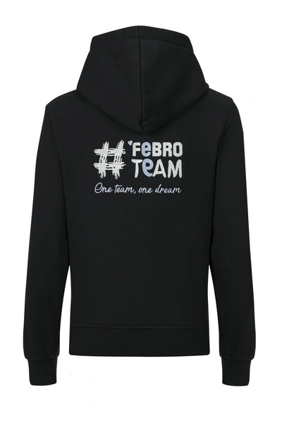 Bluza #FebroTeam z haftem na rękawie - czarna z błękitnymi detalami